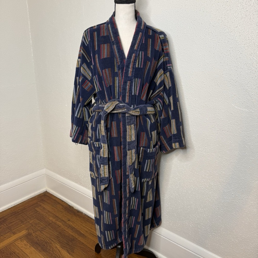 Vintage 1980s Retro Geometric Patterned Cotton Terry Cloth/ Velour Robe OS